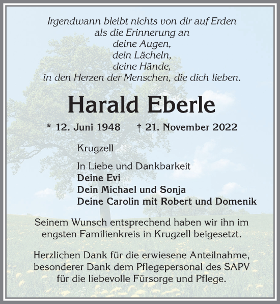 Traueranzeige von Harald Eberle von Allgäuer Zeitung,Kempten