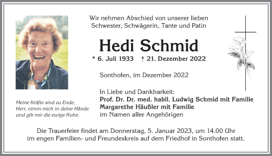 Traueranzeige von Hedi Schmid von Allgäuer Anzeigeblatt