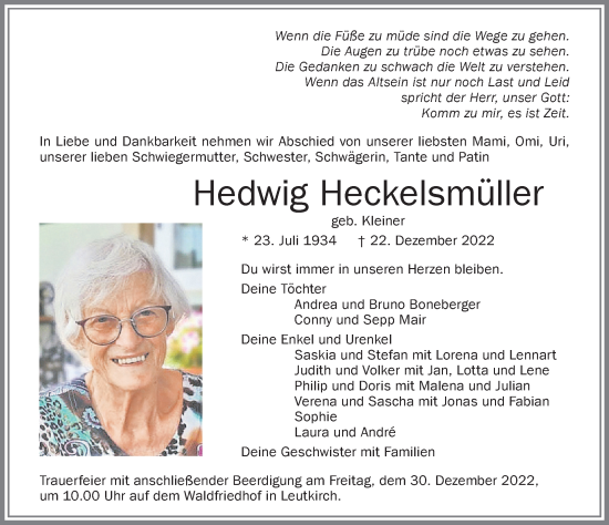 Traueranzeige von Hedwig Heckelsmüller von Allgäuer Zeitung, Kaufbeuren/Buchloe
