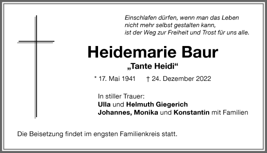 Traueranzeige von Heidemarie Baur von Memminger Zeitung