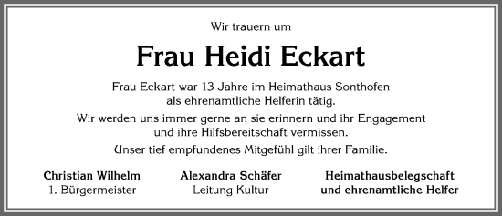 Traueranzeige von Heidi Eckart von Allgäuer Anzeigeblatt