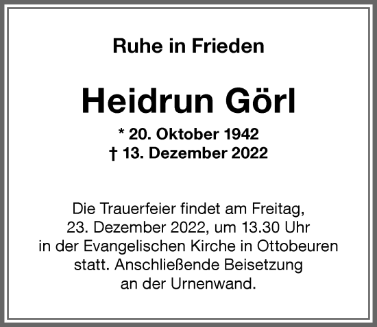 Traueranzeige von Heidrun Görl von Memminger Zeitung