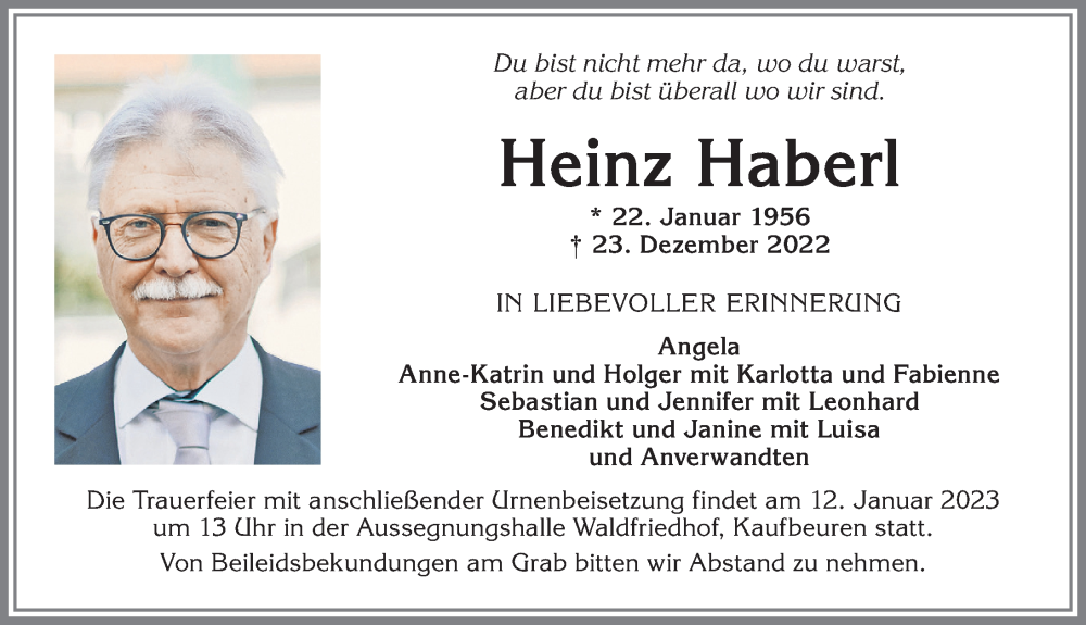  Traueranzeige für Heinz Haberl vom 31.12.2022 aus Allgäuer Zeitung, Kaufbeuren/Buchloe