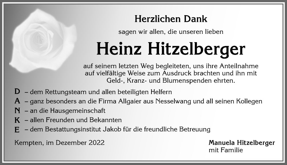  Traueranzeige für Heinz Hitzelberger vom 24.12.2022 aus Allgäuer Zeitung,Kempten