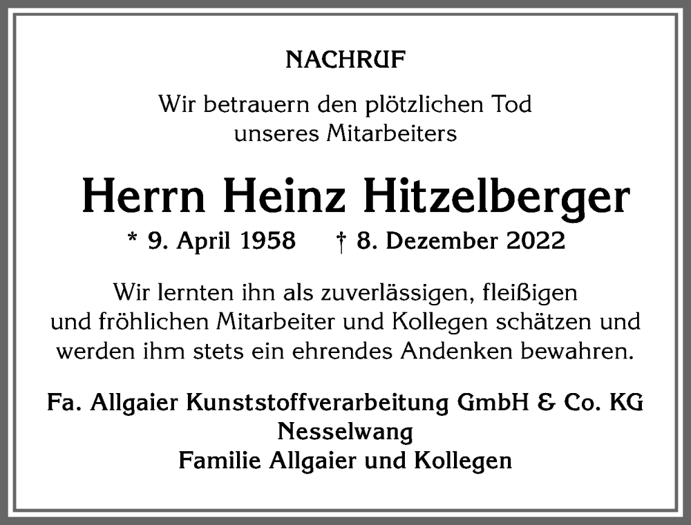  Traueranzeige für Heinz Hitzelberger vom 19.12.2022 aus Allgäuer Zeitung, Marktoberdorf
