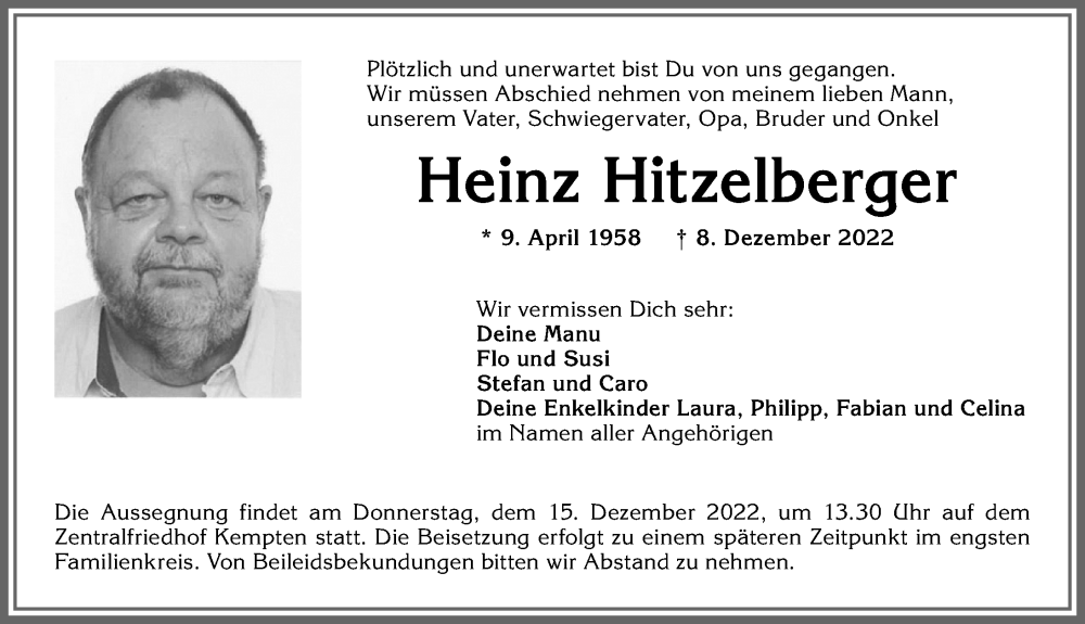  Traueranzeige für Heinz Hitzelberger vom 13.12.2022 aus Allgäuer Zeitung,Kempten