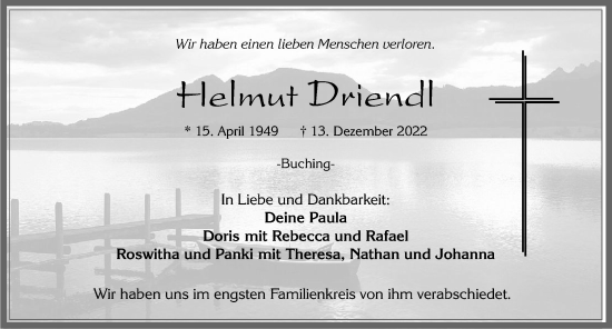 Traueranzeige von Hekmut Driendl von Allgäuer Zeitung, Füssen