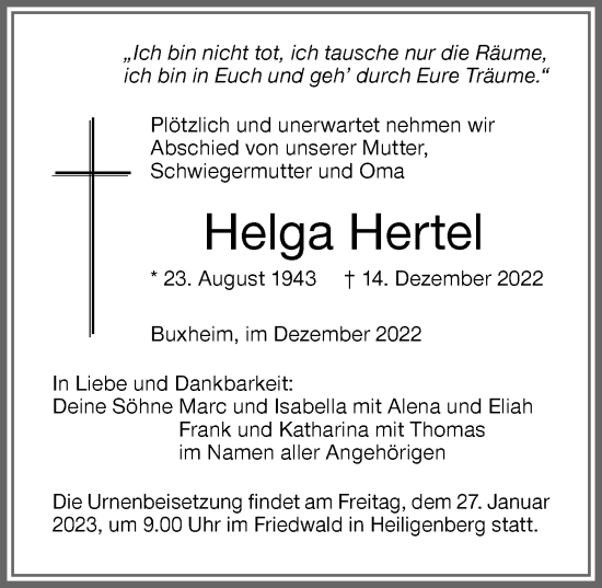 Traueranzeige von Helga Hertel von Memminger Zeitung