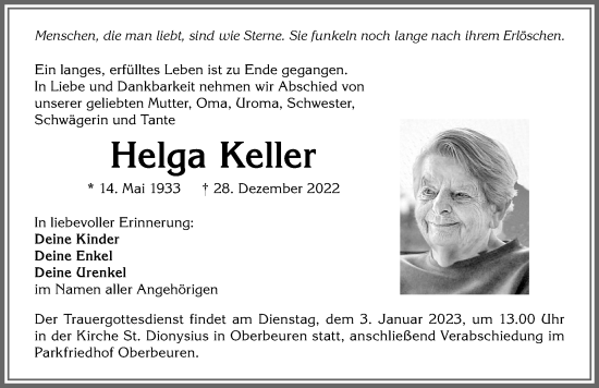 Traueranzeige von Helga Keller von Allgäuer Zeitung, Kaufbeuren/Buchloe