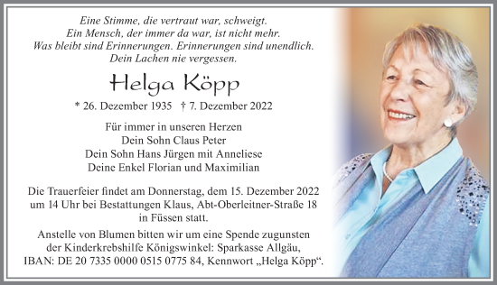Traueranzeige von Helga Köpp von Allgäuer Zeitung, Füssen