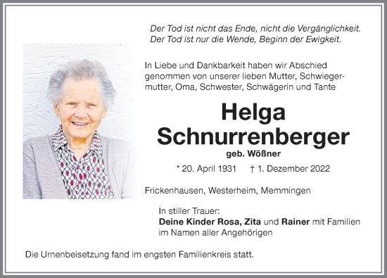 Traueranzeige von Helga Schnurrenberger von Memminger Zeitung