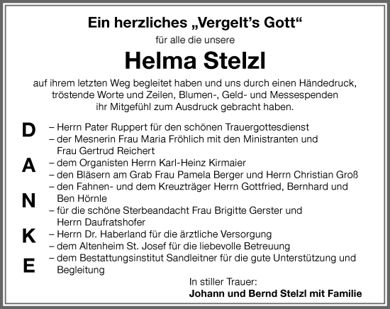 Traueranzeige von Helma Stelzl von Memminger Zeitung