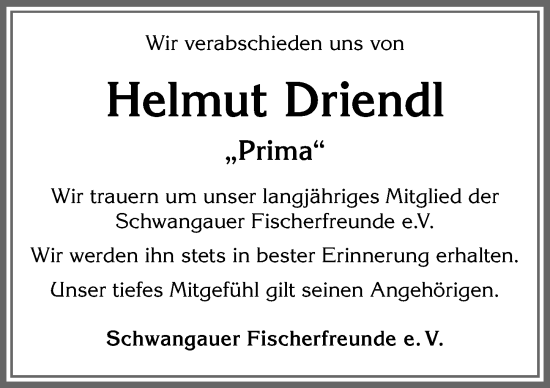 Traueranzeige von Helmut Driendl von Allgäuer Zeitung, Füssen