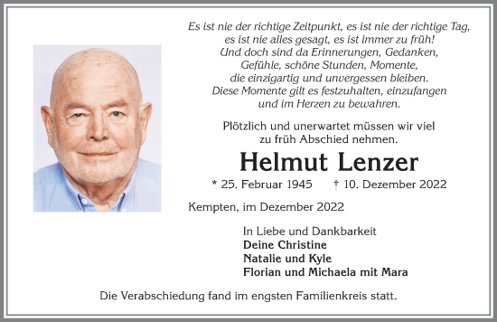 Traueranzeige von Helmut Lenzer von Allgäuer Zeitung,Kempten