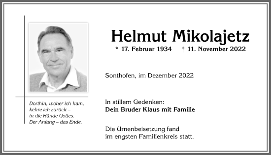 Traueranzeige von Helmut Mikolajetz von Allgäuer Anzeigeblatt