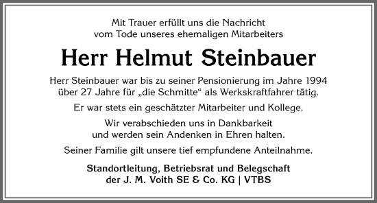 Traueranzeige von Helmut Steinbauer von Allgäuer Anzeigeblatt