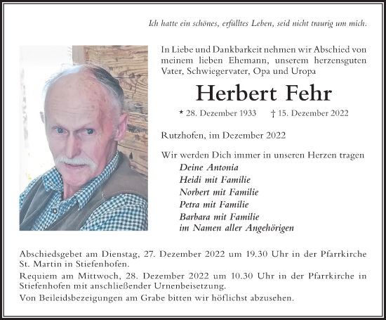 Traueranzeige von Herbert Fehr von Der Westallgäuer