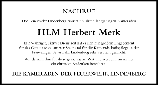Traueranzeige von Herbert Merk von Der Westallgäuer