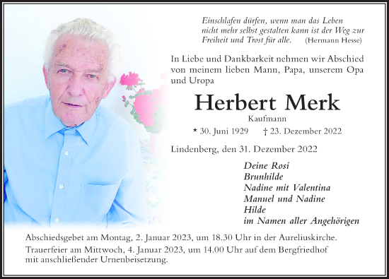 Traueranzeige von Herbert Merk von Der Westallgäuer