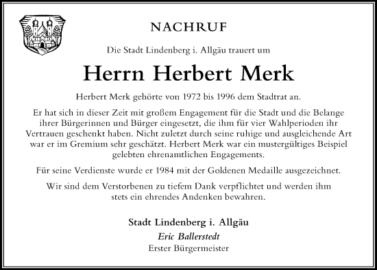 Traueranzeige von Herbert Merk von Der Westallgäuer