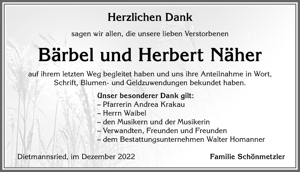  Traueranzeige für Herbert Näher vom 17.12.2022 aus Allgäuer Zeitung,Kempten