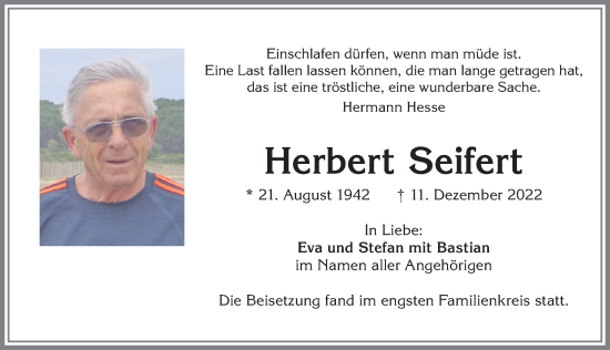 Traueranzeige von Herbert Seifert von Allgäuer Zeitung, Marktoberdorf