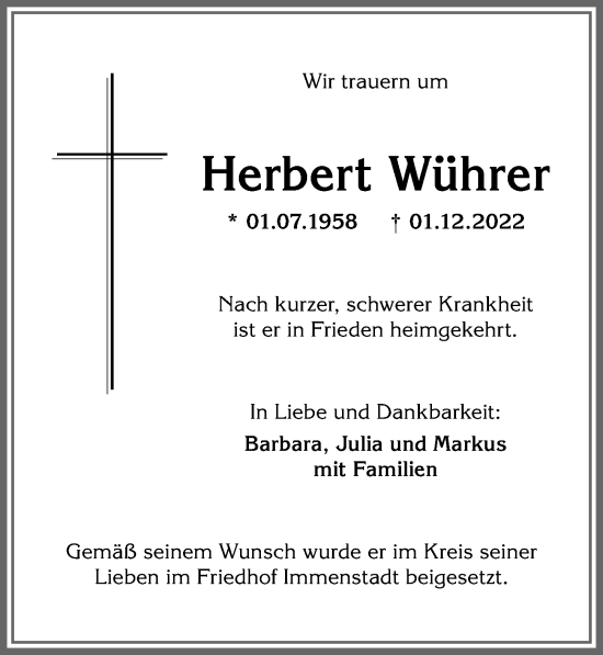 Traueranzeige von Herbert Wührer von Allgäuer Anzeigeblatt
