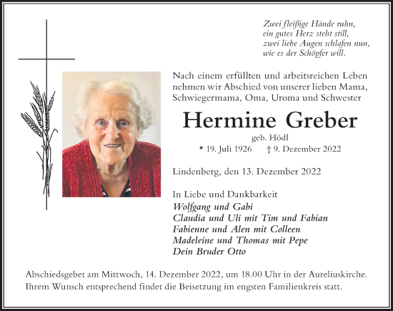 Traueranzeige von Hermine Greber von Der Westallgäuer