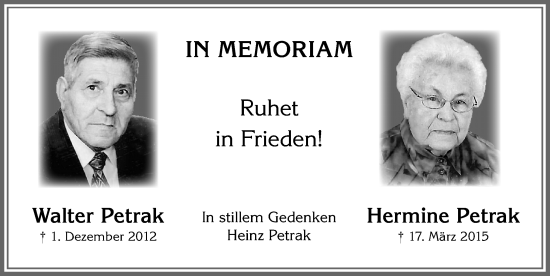 Traueranzeige von Hermine Petrak von Allgäuer Zeitung, Kaufbeuren/Buchloe