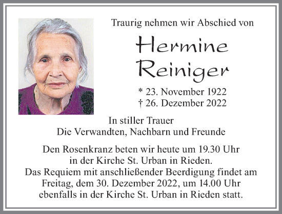 Traueranzeige von Hermine Reiniger von Allgäuer Zeitung, Füssen