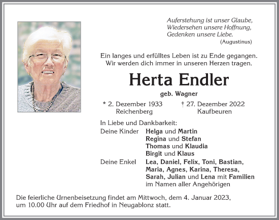 Traueranzeige von Herta Endler von Allgäuer Zeitung, Kaufbeuren/Buchloe