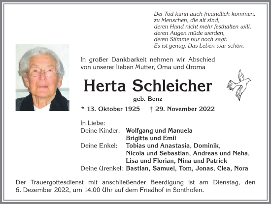 Traueranzeige von Herta Schleicher von Allgäuer Anzeigeblatt