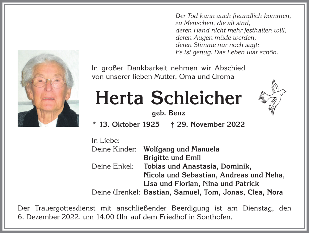  Traueranzeige für Herta Schleicher vom 03.12.2022 aus Allgäuer Anzeigeblatt
