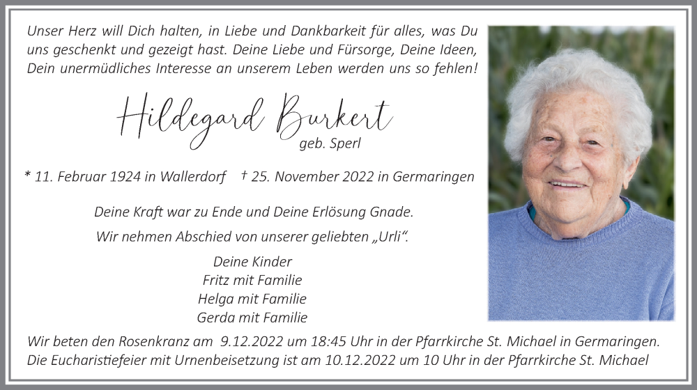  Traueranzeige für Hildegard Burkert vom 03.12.2022 aus Allgäuer Zeitung, Kaufbeuren/Buchloe