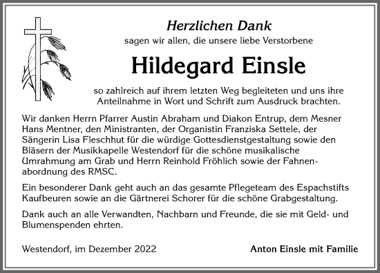 Traueranzeige von Hildegard Einsle von Allgäuer Zeitung, Kaufbeuren/Buchloe