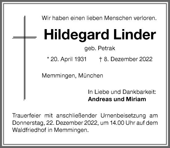 Traueranzeige von Hildegard Linder von Memminger Zeitung