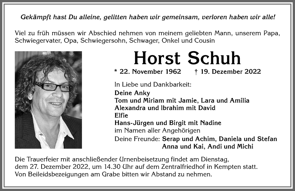  Traueranzeige für Horst Schuh vom 24.12.2022 aus Allgäuer Zeitung,Kempten