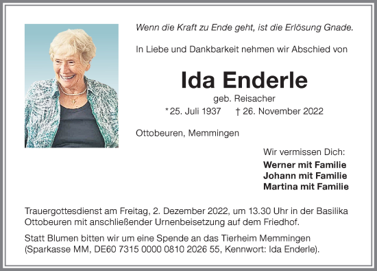 Traueranzeige von Ida Enderle von Memminger Zeitung