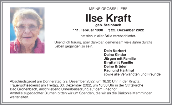 Traueranzeige von Ilse Kraft von Memminger Zeitung