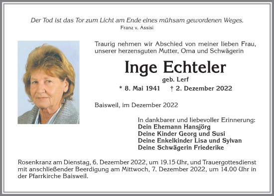 Traueranzeige von Inge Echteler von Allgäuer Zeitung, Kaufbeuren/Buchloe