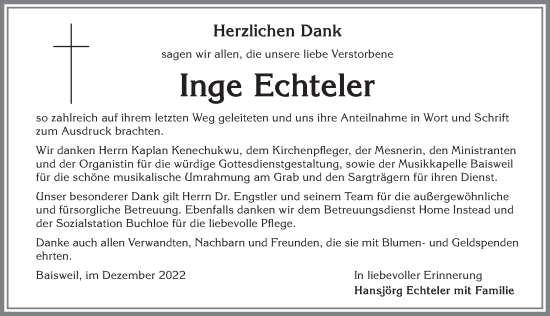 Traueranzeige von Inge Echteler von Allgäuer Zeitung, Kaufbeuren/Buchloe