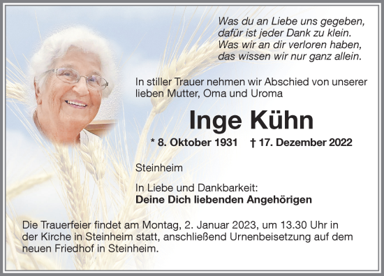 Traueranzeige von Inge Kühn von Memminger Zeitung