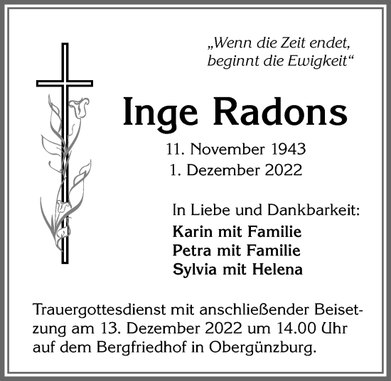 Traueranzeige von Inge Radons von Allgäuer Zeitung,Kempten
