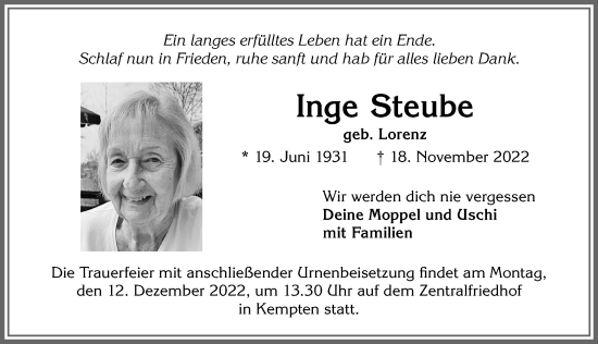Traueranzeige von Inge Steube von Allgäuer Zeitung,Kempten