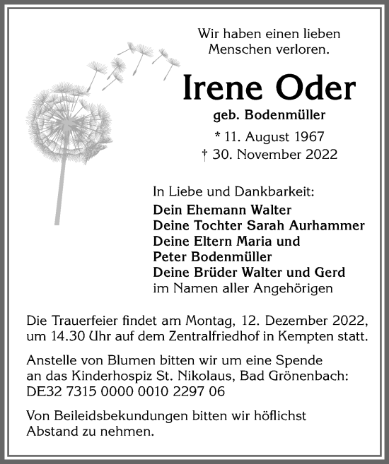 Traueranzeige von Irene Oder von Allgäuer Zeitung,Kempten