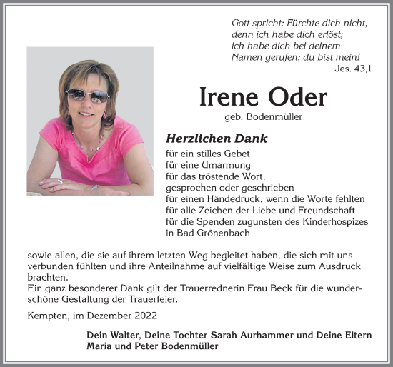 Traueranzeige von Irene Oder von Allgäuer Zeitung,Kempten