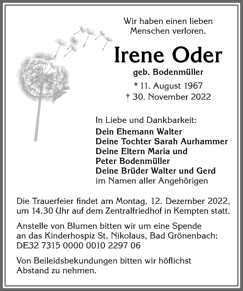  Traueranzeige für Irene Oder vom 08.12.2022 aus Allgäuer Zeitung,Kempten