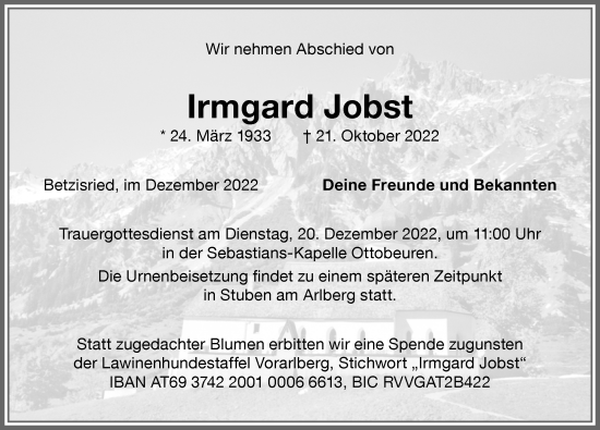Traueranzeige von Irmgard Jobst von Memminger Zeitung