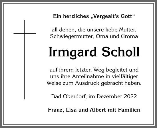 Traueranzeige von Irmgard Scholl von Allgäuer Anzeigeblatt