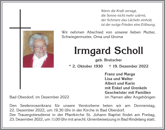 Traueranzeige von Irmgard Scholl von Allgäuer Anzeigeblatt